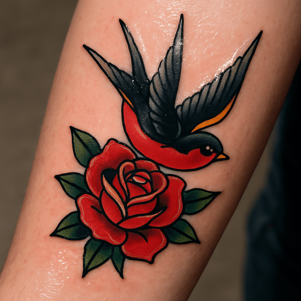 Ein sauberes, leuchtendes Tattoo auf einem Arm, auf das eine dünne, glänzende Schicht Salbe aufgetragen wurde.