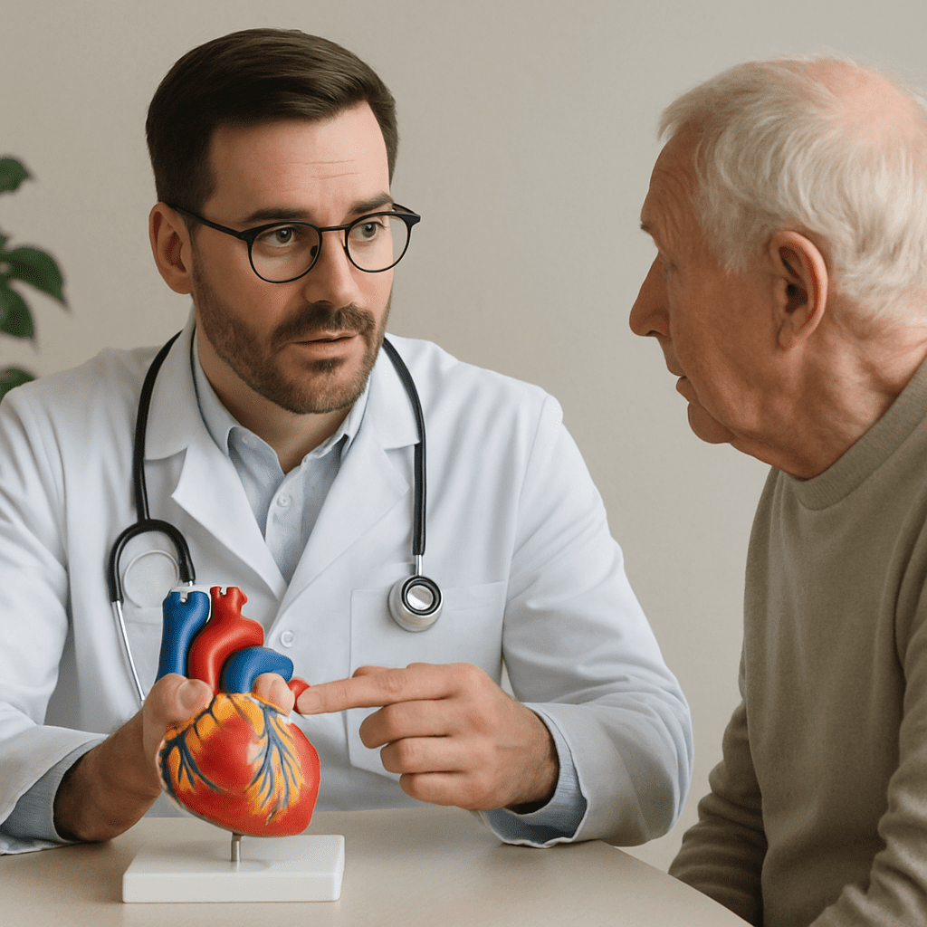 Ein Arzt erklärt einem älteren Patienten anhand eines Modells das menschliche Herz