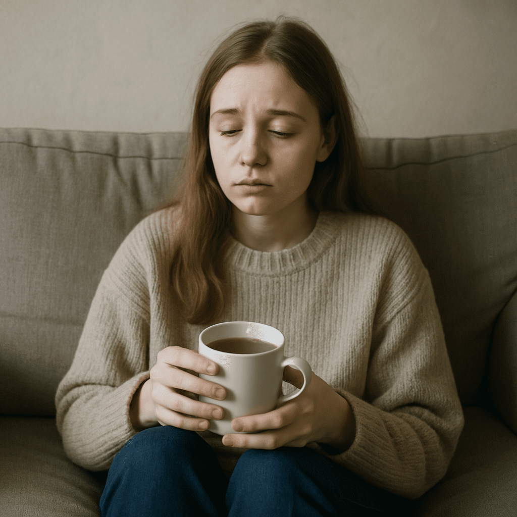 Junge, blasse Frau sitzt erschöpft mit einer Tasse Tee auf dem Sofa