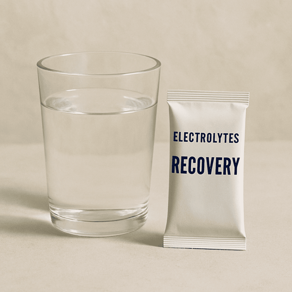 Ein Glas Wasser neben einem Elektrolytbeutel zur Betonung der Erholung.