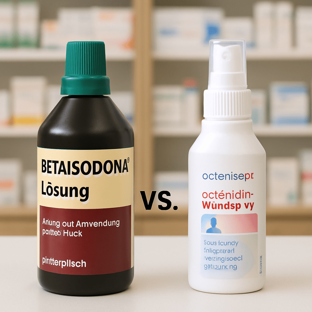 Vergleich zwischen einer Flasche Betaisodona und einem Octenidin-Wundspray auf einem Apothekentisch