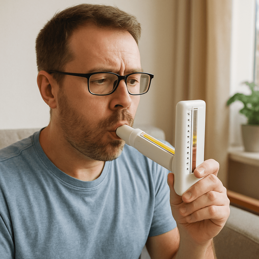 Ein Patient, der seinen Atemfluss zu Hause mit einem Peak-Flow-Meter misst
