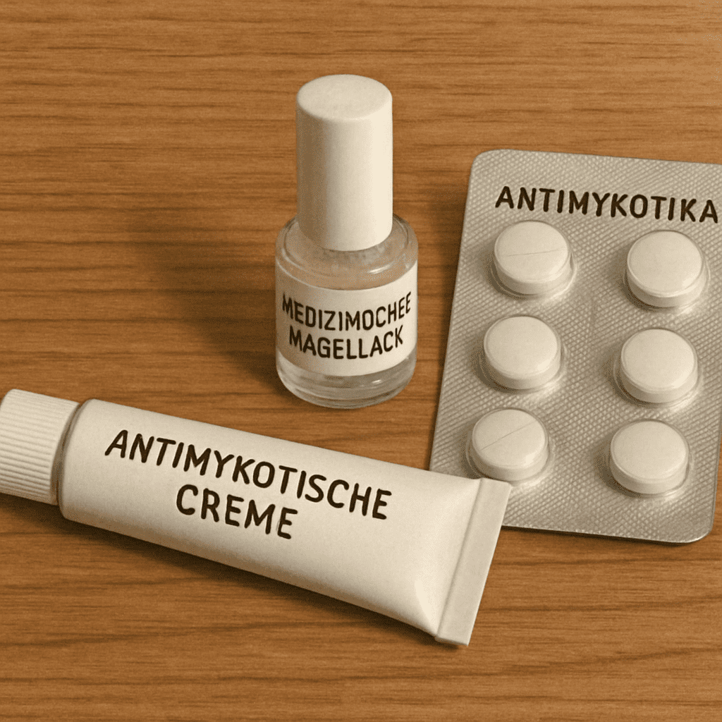 Verschiedene Darreichungsformen von Antimykotika: Eine Creme-Tube, medizinischer Nagellack und Tablettenblister auf einem Holztisch
