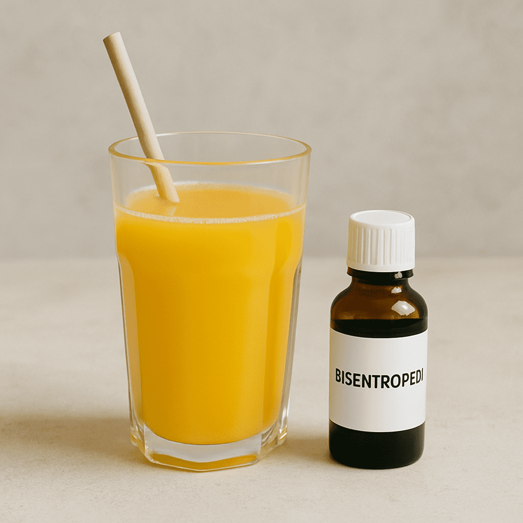 Ein Glas Orangensaft mit einem Strohhalm, daneben eine Flasche Eisentropfen