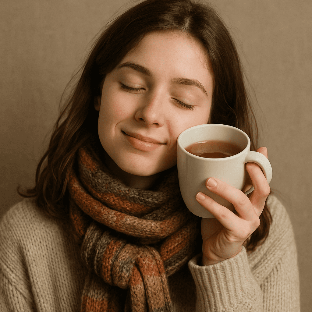 Eine junge Frau mit Schal, die sich mit geschlossenen Augen eine Tasse warmen Tee an die Wange hält