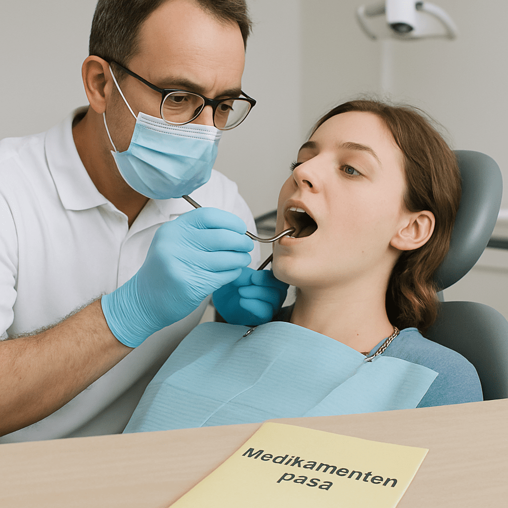 Zahnarzt untersucht eine Patientin, Medikamentenpass liegt auf dem Tisch