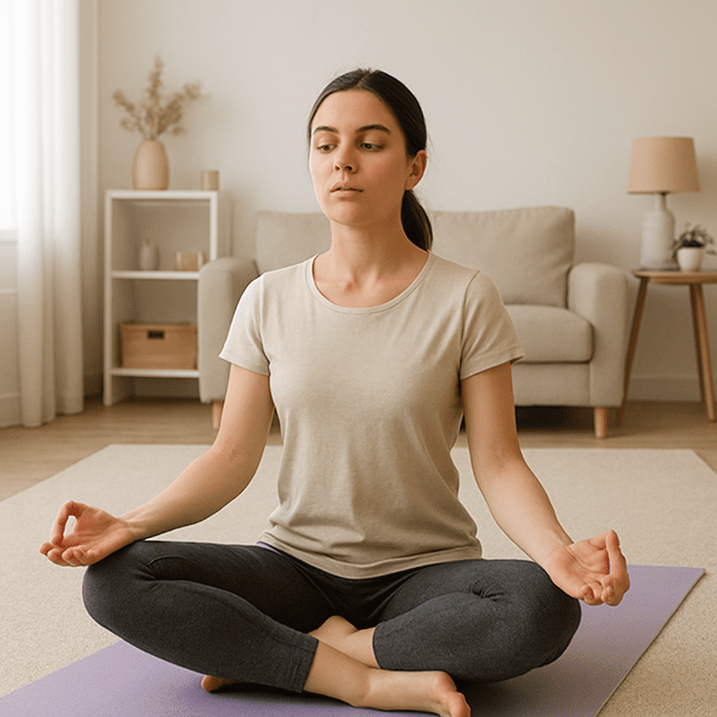 Eine Frau, die in einem hellen, aufgeräumten Wohnzimmer auf einer Yogamatte sitzt und tief durchatmet