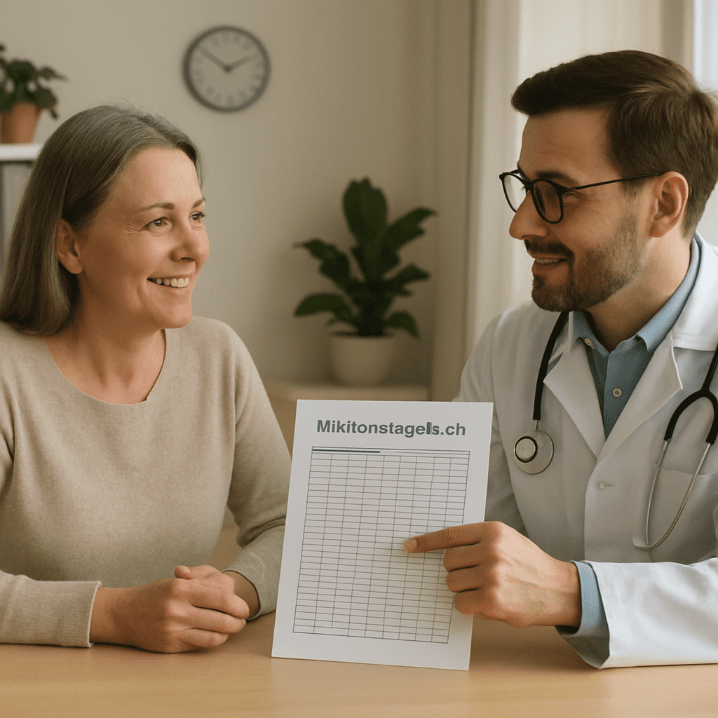 Eine ärztliche Konsultation, bei der eine Patientin entspannt mit ihrem Arzt ein Miktionstagebuch bespricht