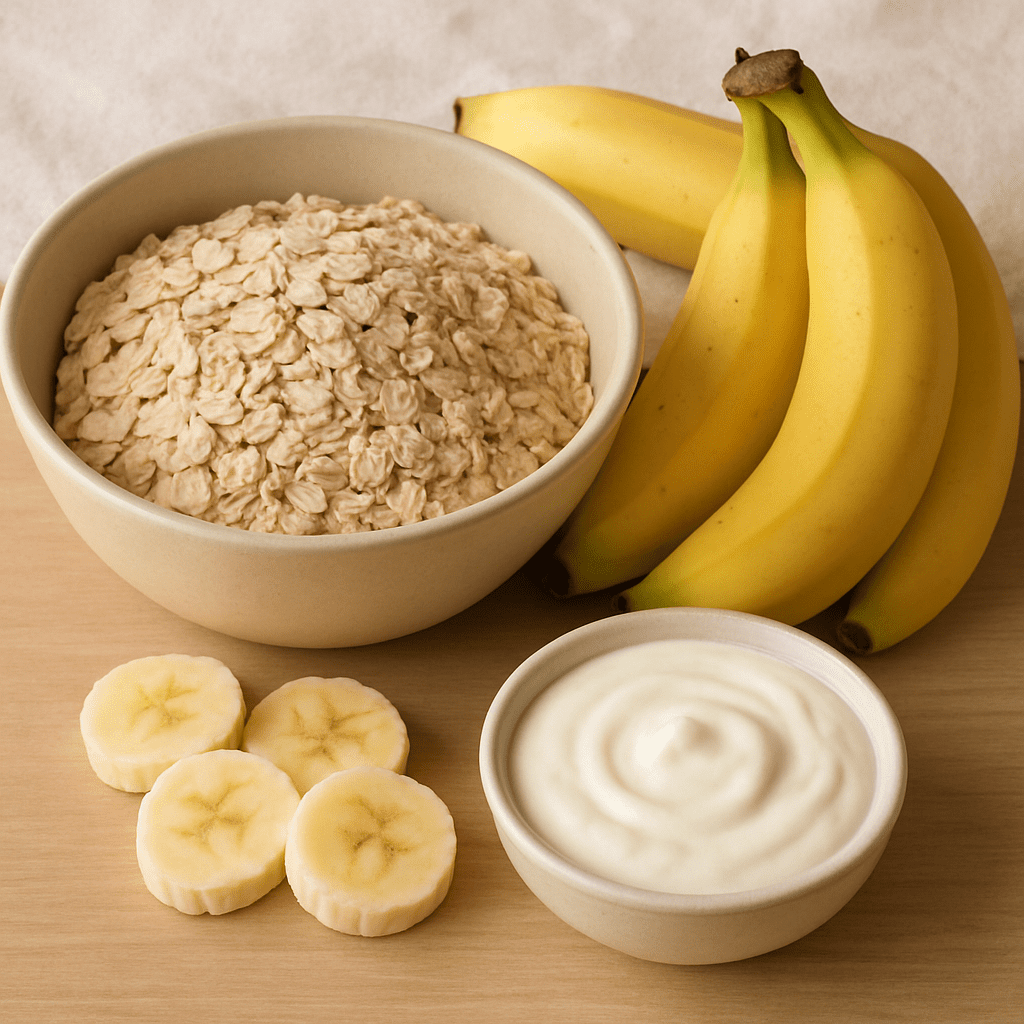 Gesunde, magenschonende Lebensmittel wie Haferflocken und Bananen