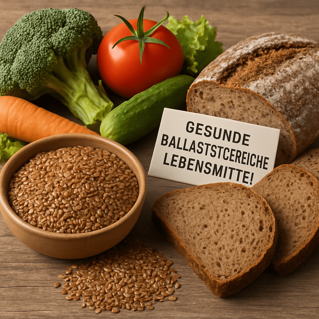 Gesunde ballaststoffreiche Lebensmittel wie Leinsamen, frisches Gemüse und Vollkornbrot