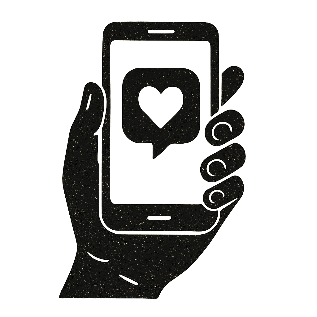 A symbolic hand holding a phone, with a small heart icon, representing reaching out for help.