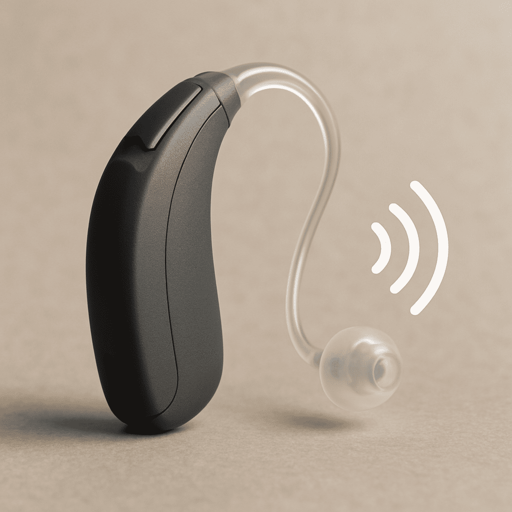 A close-up of a modern, discreet hearing aid with a 'sound wave' icon indicating a soothing background hum.