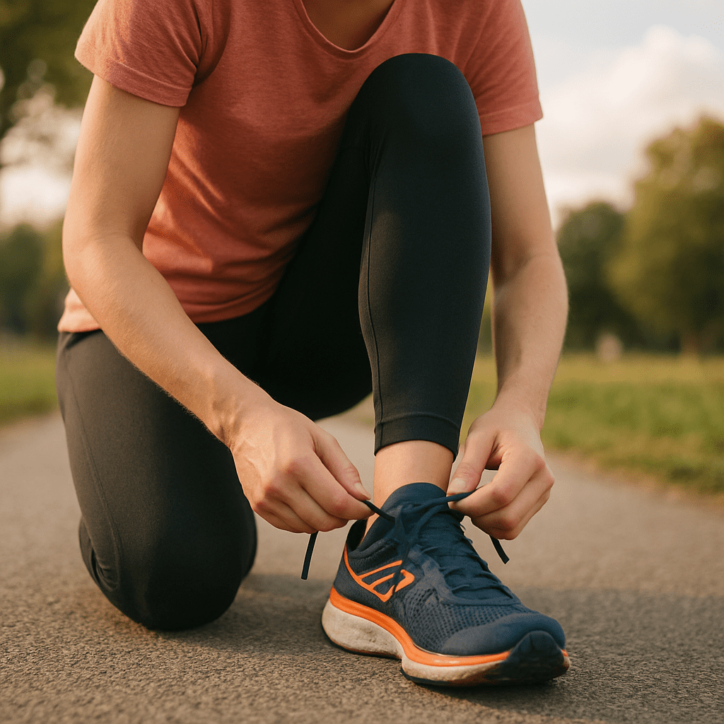 A person is tying their running shoes outdoors, symbolizing a healthy, new lifestyle and stress relief through exercise.
