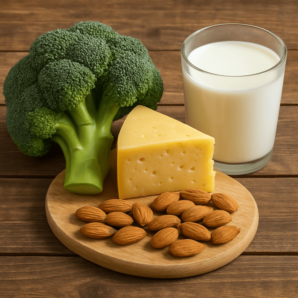 Frische, kalziumreiche Lebensmittel wie Brokkoli, Käse, Mandeln und ein Glas Milch auf einem Holztisch
