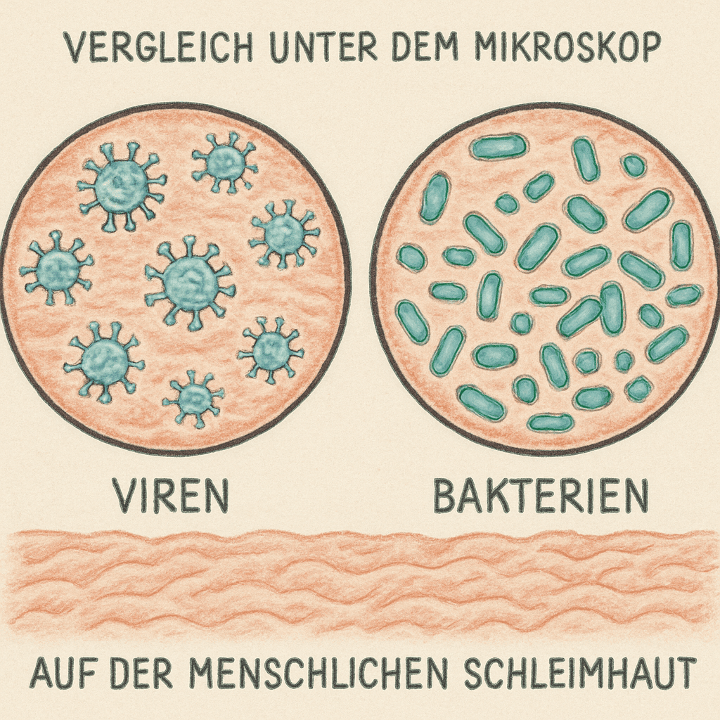 Vergleich unter dem Mikroskop zwischen Viren und Bakterien auf der menschlichen Schleimhaut