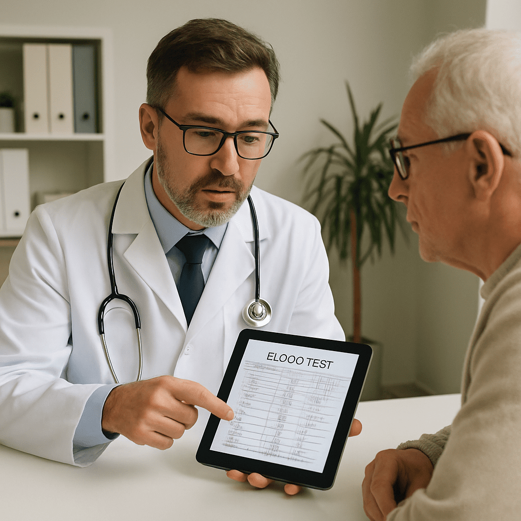 Arzt in weißem Kittel bespricht in seiner Praxis am Tablet die Blutwerte mit einem Patienten