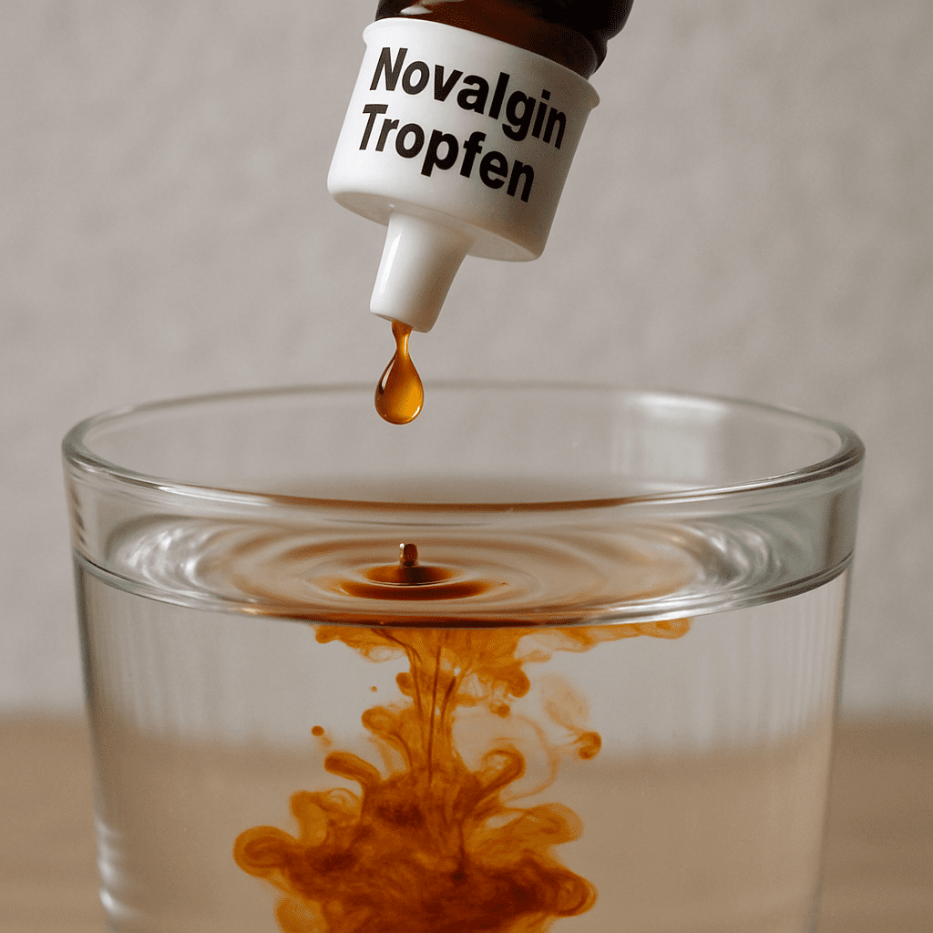 Makroaufnahme von Novalgin Tropfen, die in ein Glas Wasser fallen