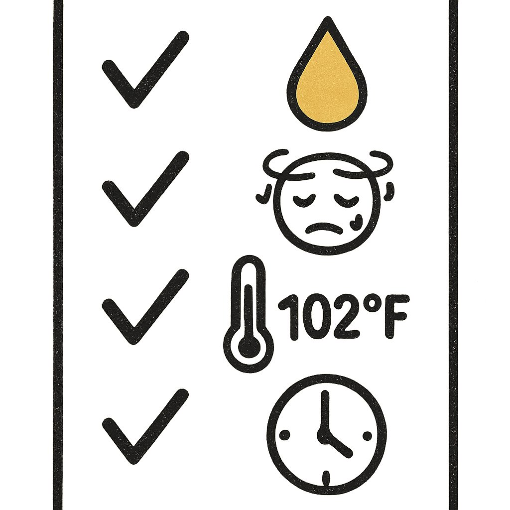 Eine einfache Checkliste mit 5 Symbolen: ein dunkelgelber Tropfen (Urin), ein schwindeliger Kopf, ein Thermometer bei 39°C, eine Uhr bei 12 Stunden und ein Bluttropfen.