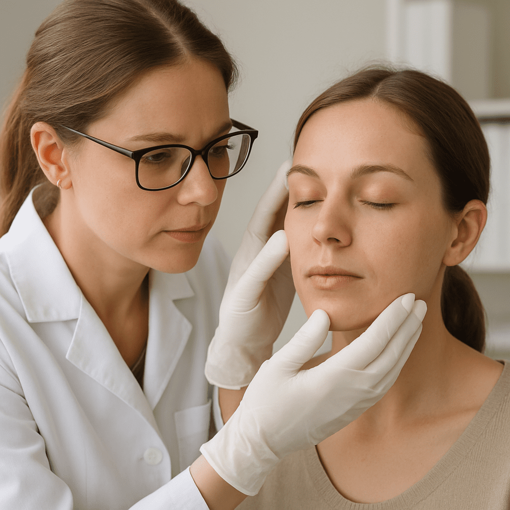 Dermatologin bei der Untersuchung der Gesichtshaut einer Patientin