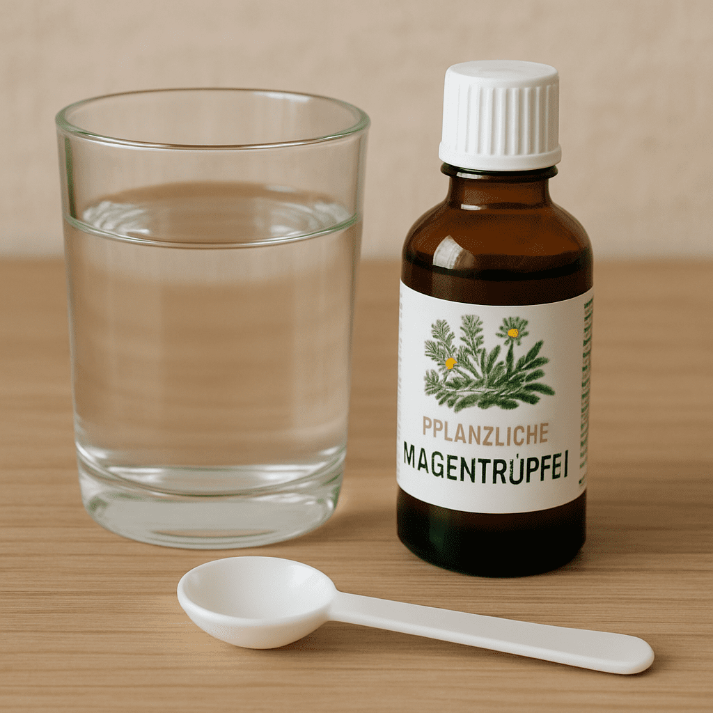 Ein Glas Wasser neben einer Flasche pflanzlicher Magentropfen und einem Dosierlöffel