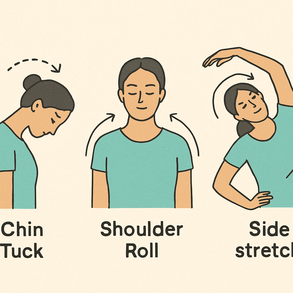 Three small side-by-side illustrations showing a person performing the Chin Tuck, Shoulder Roll, and Side Stretch.
