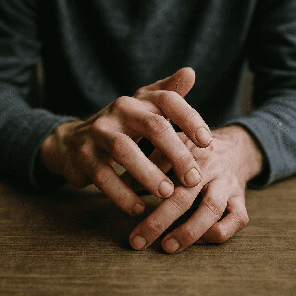 A close-up of hands resting nervously on a table, suggesting inner turmoil or withdrawal symptoms
