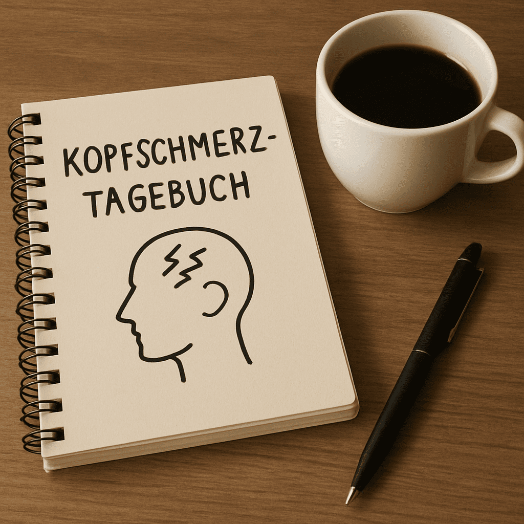 A notebook next to a coffee cup and a pen, serving as a headache diary