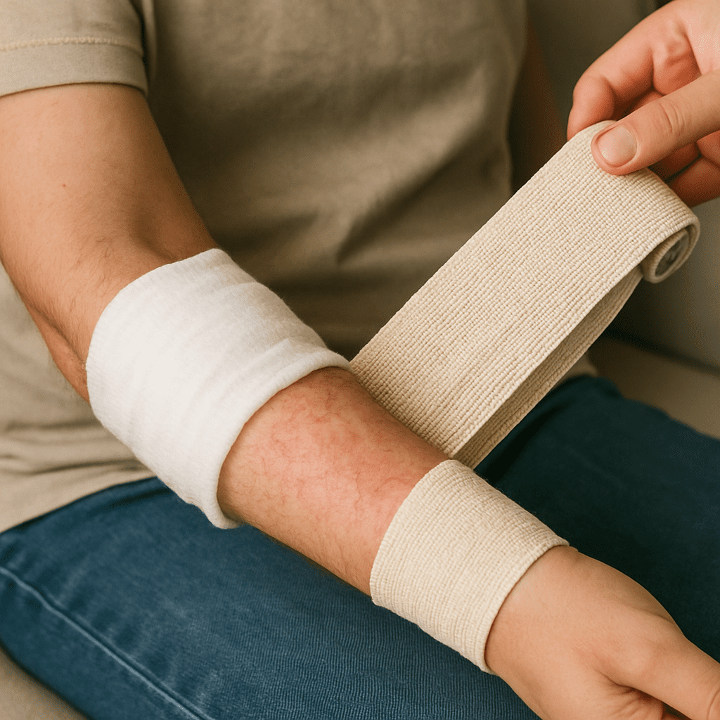 Arm wird mit feuchten Umschlägen und Bandagen umwickelt, um Juckreiz zu lindern
