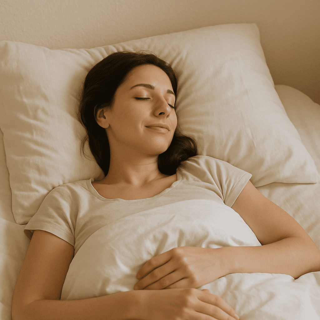Eine Frau schläft friedlich in einem Bett mit leicht erhöhtem Oberkörper