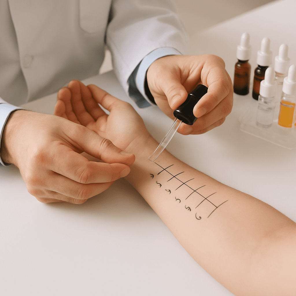 Arzt führt einen Prick-Test auf dem Unterarm eines Patienten durch