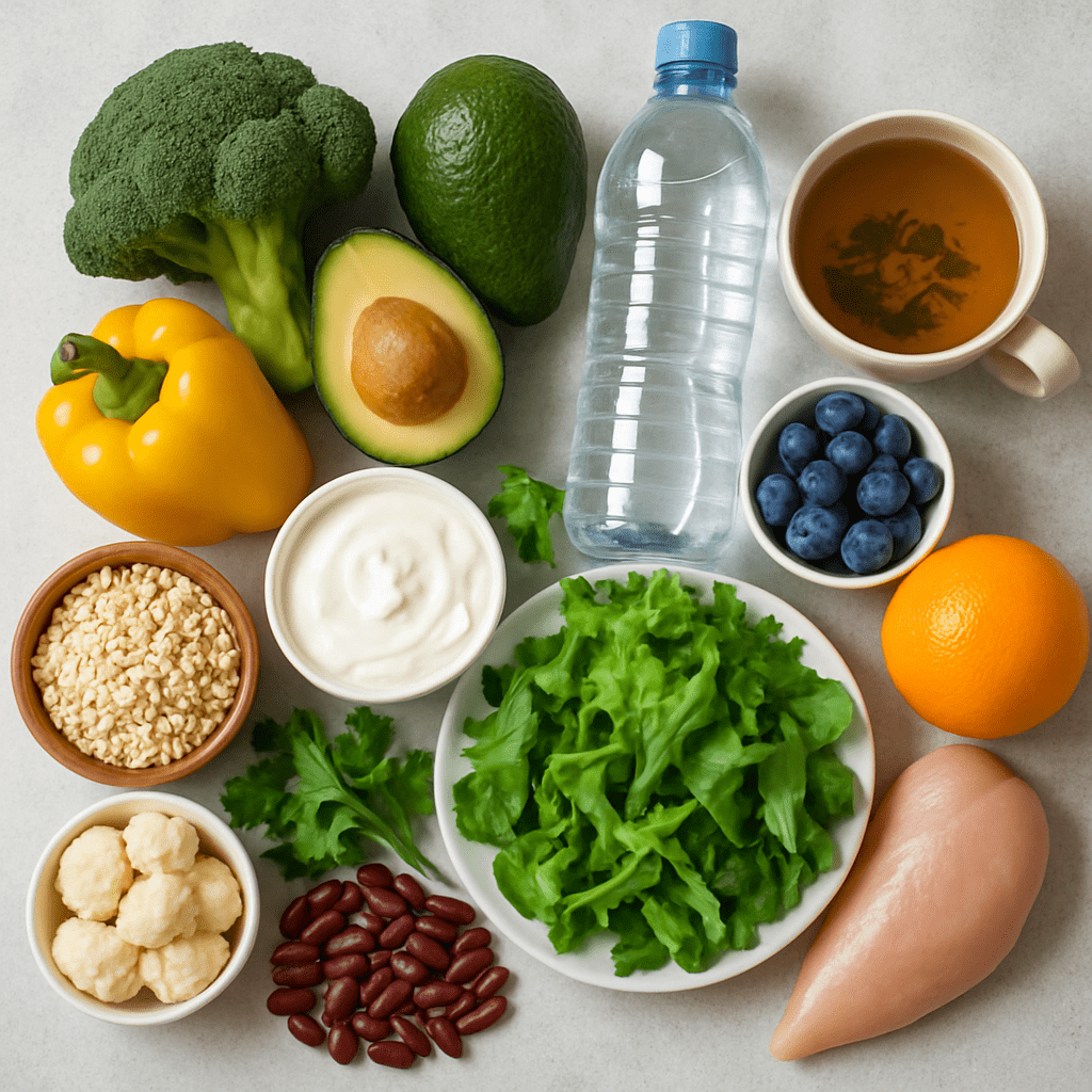 Vielfältige gesunde Lebensmittel, stilles Wasser und Kräutertee als Symbol für eine blasenfreundliche Ernährung