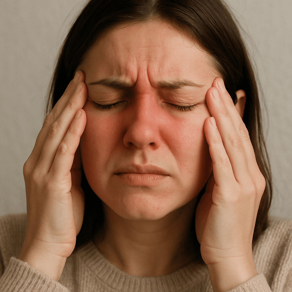 Patientin hält sich schmerzverzerrt die Stirn und Wangen bei einer Sinusitis